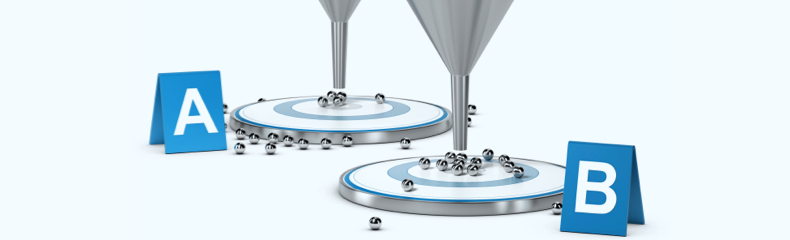Deux entonnoirs de conversion avec des cibles marquées A et B, illustrant l’importance des tests A/B pour mesurer l’efficacité de votre stratégie marketing.