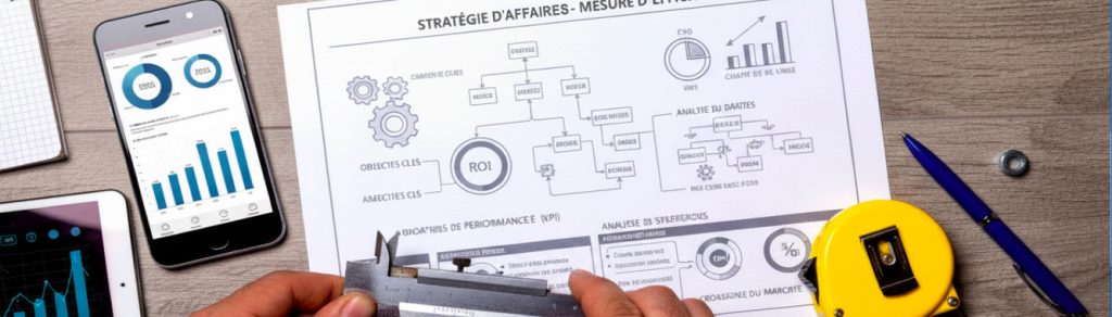 Tableau de bord stratégique avec indicateurs de performance, graphiques KPI et schéma de stratégie d’affaires analysant l’efficacité et le retour sur investissement.