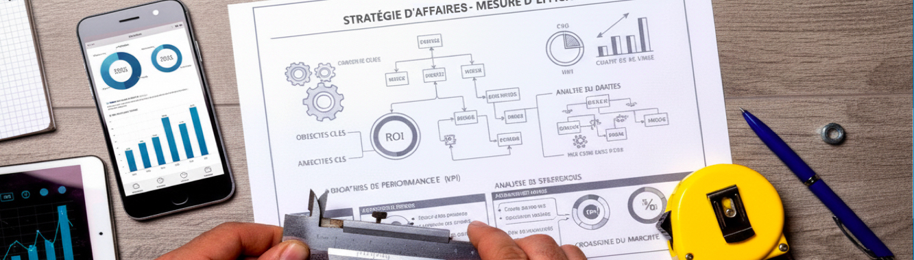 Tableau de bord stratégique avec indicateurs de performance, graphiques KPI et schéma de stratégie d’affaires analysant l’efficacité et le retour sur investissement.